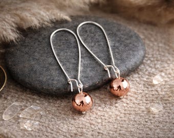 Rose Gold Earrings | Rose Gold Drops | 8mm | Small Rose Gold Balls Earrings on Long Silver Ear Wires | Minimalist Delicate Elegant Earrings