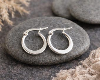 15mm Small Silver Hoop Earrings | Flat Hoops | Hypoallergenic Stainless Steel Earrings | Tiny Hoops