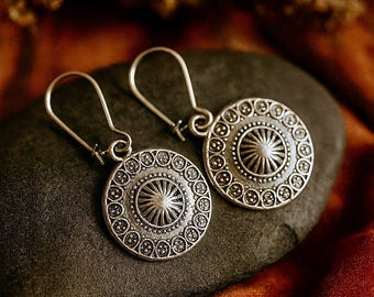 Boho Silver Earrings | Antique Silver | Hammered Silver Metal Charm Dangle Earrings | Original Ethnic Jewelry | Small Round Light Earrings