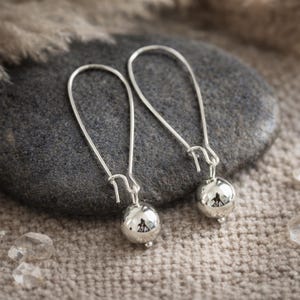 White Gold Earrings | White Gold Drops | 8mm | Small White Gold Ball Earrings on Long Silver Ear Wire | Minimalist Delicate Elegant Earrings