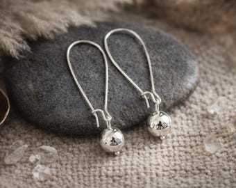 White Gold Earrings | White Gold Drops | 8mm | Small White Gold Ball Earrings on Long Silver Ear Wire | Minimalist Delicate Elegant Earrings