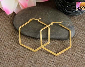 Large Hexagonal Golden Hoops | 45mm | Stainless Steel Earrings | Flat Side Hoops | Modern Original Hoops