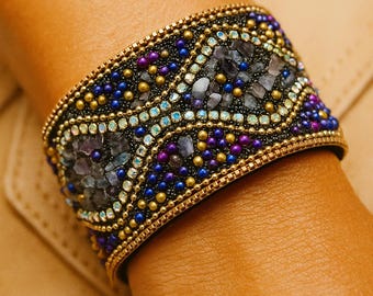 Bohemain Wristband | Amethyst Bracelet | Natural Crystals, Rhinestones and Vegan Leather | Magnetic Clasp | 35mm Wide | Size: 7 1/5"