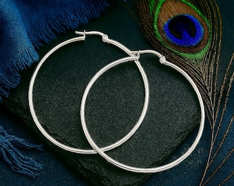 55mm Silver Hoop Earrings | Hypoallergenic Stainless Steel | Silver Plated | Bohemian Hoops | Sensitive Ears