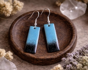 ONLY ONE | Original Blue and Black Rectangle Earrings | Handmade Enamel Charm | Long Bar Earrings | Artisan Handcrafted Hot Enamel on Copper