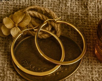 45mm Flat Golden Hoop Earrings | Hypoallergenic No Allergy Stainless Steel Earrings | Modern Original Hoops | Boho Ethnic Tribal Earrings