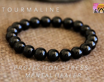 Tourmaline Bracelet | PROTECTION | STRESS | MENTAL Healer | Root Chakra | Grounding | Black Tourmaline Stretchy Bracelet | 6mm, 8mm or 10mm