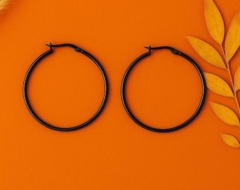 50mm Large Black Hoops | Hypoallergenic Stainless Steel Earrings | Black Gunmetal Earrings