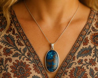 Azurite Chrysocolla Pendant | 66x32mm | Stone in Sterling Silver | Natural Gemstone | Crystal Healing Pendant | Organic Jewellery | Unisex