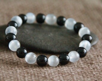 Black Tourmaline Selenite Bracelet | Yin Yang | PROTECTION | SECURED BALANCE | Gemstone Stretchy Bracelet | Unisex Crystal Healing Bracelet