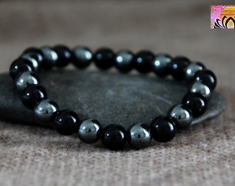 Black Onyx Hematite Bracelet-STRENGTH/DETERMINATION/GROUNDING-Root Chakra Bracelet-Black Grey Stretchy Bracelet-Yoga Boho Jewellery-Unisex