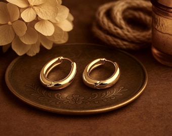 Chunky Oval Gold Hoop Earrings | 23x18mm | 6mm Thick | 18k Gold | Hinged Huggies