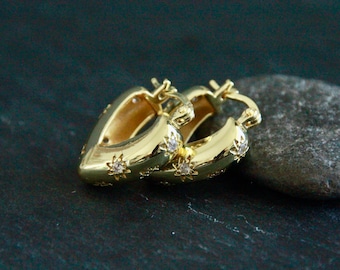 Chunky Shiny Stars Hoops | 18k Gold | Cubic Zirconia | 23mm | 7mm Thick Wide Side | Gorgeous Statement Earrings