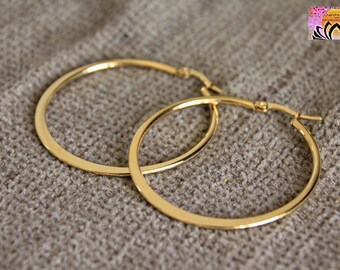55mm Large Golden Hoops | Hypoallergenic Stainless Steel Earrings | Modern Flat Hoops | Wide Edge Thick Hoops | Boho Ethnic Original Hoops
