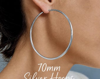 70mm Very Large Silver Hoop Earrings | Hypoallergenic Stainless Steel Earrings | Original Boho Modern Wide Flat Side Hoops