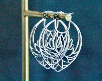 Lotus Flower Earrings | Large Hoop Earrings | Stainless Steel Laser Cut Earrings | Gold or Silver Metal Earrings | Original Boho Jewelry