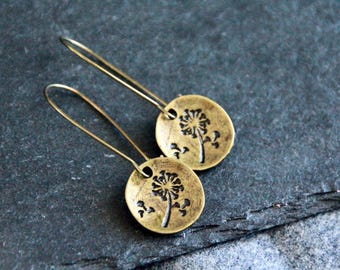 Dandelion Wish Copper Earrings | Antique Copper | Hammered Decorated Metal Charm Earrings | Original Ethnic Boho Rustic Handmade Jewelry