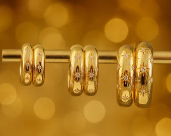 Chunky Shiny Stars Hoops | 18k Gold | Cubic Zirconia | Golden Huggies Hoops | 3 Sizes Available | 8mm Thick Wide Side