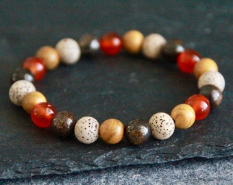 Palo Santo Ethnic Bracelet | Bronzite Carnelian Lotus Seed | Stretchy Gemstone and Wood Bracelet | Unisex | Original Organic Natural Jewelry