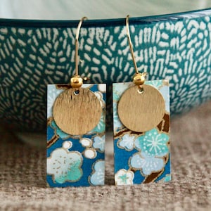 Blaue Kirschblüten Ohrringe | Japanisches Papier Metall Charm Ohrringe | Elegante Lange Licht Rechteck Statement Ohrringe | Handmade Schmuck