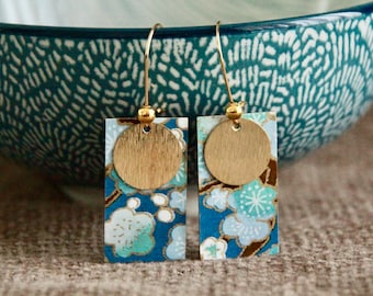 Blue Cherry Blossom Earrings | Japanese Paper Metal Charm Earrings | Elegant Long Light Rectangle Statement Earrings | Handmade Jewellery