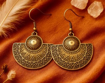 Bronze Fan Earrings | Antique Bronze | Rustic Metal Earrings | Bohemian Ethnic Jewellery | Fan Earrings | Original Unique Statement Earrings