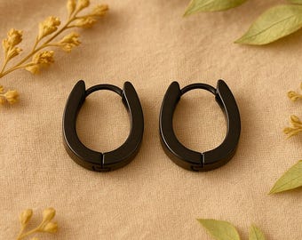 Black Oval Stainless Steel Huggie Hoop Earrings | 14x16mm | Hypoallergenic Earrings | Black Hoops | Tiny Hoops | Unisex | Sensitive Ears