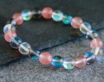 Aura Quartz Bracelet | Cherry Quartz White and Blue Aura Quartz | Stretchy Gemstone Bracelet | Stacking Bracelet | Crystal Bracelet | 8mm