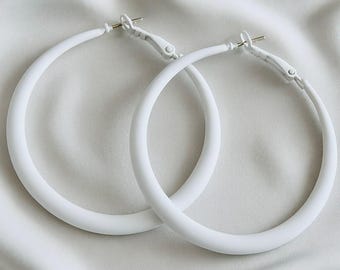 50mm Large White Hoops | 4mm Thick | Sterling Silver Pin |  Bohemian Chic Ethnic Tribal Earrings | Latchback | Original Colourful Hoops