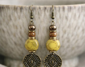 Ethnic Earrings | Original Handmade Earrings | Boho Statement Earrings | Long Charm Earrings | Ceramics Porcelain Bronze Earrings