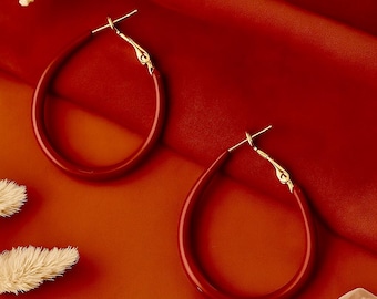 47mm Large Dark Red Hoops | 4.5mm Thick |  22k Gold Hoops | Enamel | Bohemian Chic Ethnic Earrings | Latchback | Original Colourful Hoops