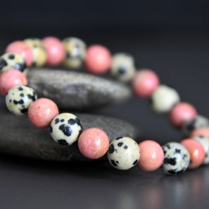 Rhodonite Dalmatian Stone Bracelet | EMOTIONAL BALANCE/CALMING Energy | Protection Talisman | Yoga Gemstone Stretchy Bracelet | 8mm
