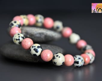 Rhodonite Dalmatian Stone Bracelet | EMOTIONAL BALANCE/CALMING Energy | Protection Talisman | Yoga Gemstone Stretchy Bracelet | 8mm