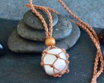 Macrame Pouch Necklace | Crystal Pouch | Handmade Cord Stone Necklace | Beige or Black or Tan Brown | Braided Wax Cord Necklace | Adjustable