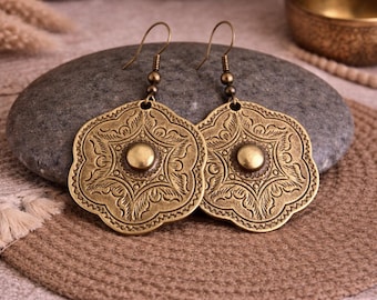 Boho Flower Earrings | Antique Bronze | Metal Dangle Earrings | Rustic Earrings | Yoga Bohemian Ethnic Jewelry | Unique Artisanal Jewelry