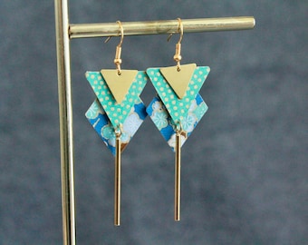 Japanese Style Earrings | Elegant Long Japanese Paper on Metal Charm Earrings | Blue Aqua Gold Statement Earrings | Unique Artisan Jewelry