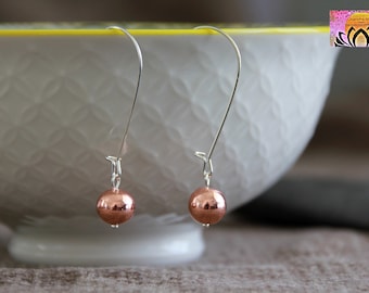 Rose Gold Earrings | Rose Gold Drops | 8mm | Small Rose Gold Balls Earrings on Long Silver Ear Wires | Minimalist Delicate Elegant Earrings