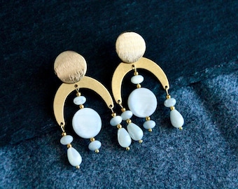 Mother of Pearl Chandelier Earrings | Boho Statement Earrings | Original Dangle Earrings | Brass Charm Earrings | Unique Handmade Jewellery
