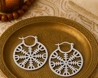 Viking Vegvisir Earrings | Large Hoop Earrings | Stainless Steel Laser Cut Earrings | Silver Metal Earrings | Original Non Tarnish Hoops