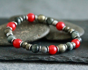 Original Ethnic Bracelet | Red Jade Eagle Eye Stone Pyrite Ceramic | Stretchy Gemstone Bracelet | Unisex | Original Organic Natural Jewelry