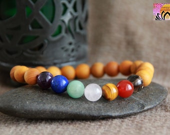 Chakra Bracelet | Cedar Wood Rainbow Gemstone Bracelet | Crystal Reiki Chakra Healing Bracelet | Wrist Mala | Intention Yoga Boho Jewellery