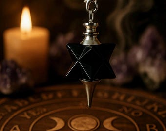 Black ONYX Merkaba Star Pendulum | Dowsing Pendulum Pendant | 44x17mm | 23.5cm long chain with clasp | Gemstone Crystal Divining Pendulum