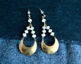 Mother of Pearl Earrings | Boho Statement Earrings | Long Dangle Earrings | Brass Metal Charm Earrings | Unique Handmade Jewellery