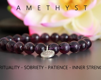 Amethyst Bracelet With Lotus Flower Charm | Gemstone Bracelet Silver Charm | Wrist Mala | Stacking Bracelet- | Boho Elegant Crystal Jewelry