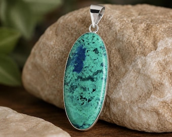 Malachite Chrysocolla Pendant | 65x22mm | Natural Gemstone Pendant | Sterling Silver | Crystal Healing Pendant | Organic Stone Jewellery