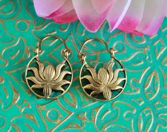 Small Lotus Flower Earrings-Brass Hoop Earrings-Indian Jewelry-Golden Metal Earrings-Ethnic Boho Earrings-Hoops-Mandala-Festival Jewellery