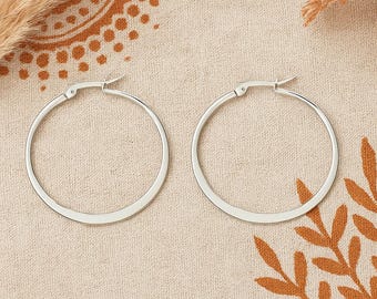 45mm Flat Silver Hoop Earrings | Hypoallergenic 304 Stainless Steel Earrings | Original Modern Boho Hoops