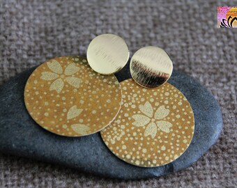 Mustard and Gold Stud Earrings-Japanese Paper on Metal Charm-Elegant Original Earrings-Round Charm-Unique Artisan Jewelry-Statement Earrings
