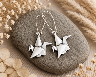 Origami Crane Earrings | Antique Silver Metal Earrings | Original Handcrafted Earrings | Long Earrings | Japanese Bird Ethnic Rustic Jewelry