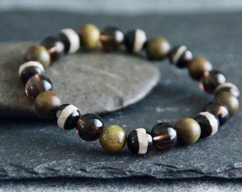 Peridot Green Sandalwood DZI Ethnic Bracelet | 8mm | Stretchy Gemstone and Wood Bracelet | Unisex | Original Organic Natural Jewelry